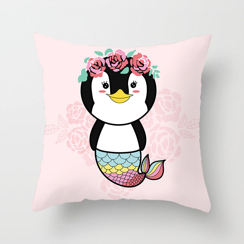 Square Decorative Pillow Cover with Mermaid Penguin Illustration and Concealed Zipper