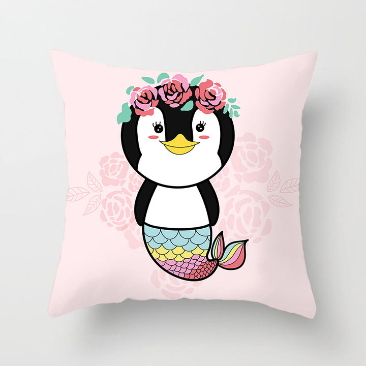 Square Decorative Pillow Cover with Mermaid Penguin Illustration and Concealed Zipper