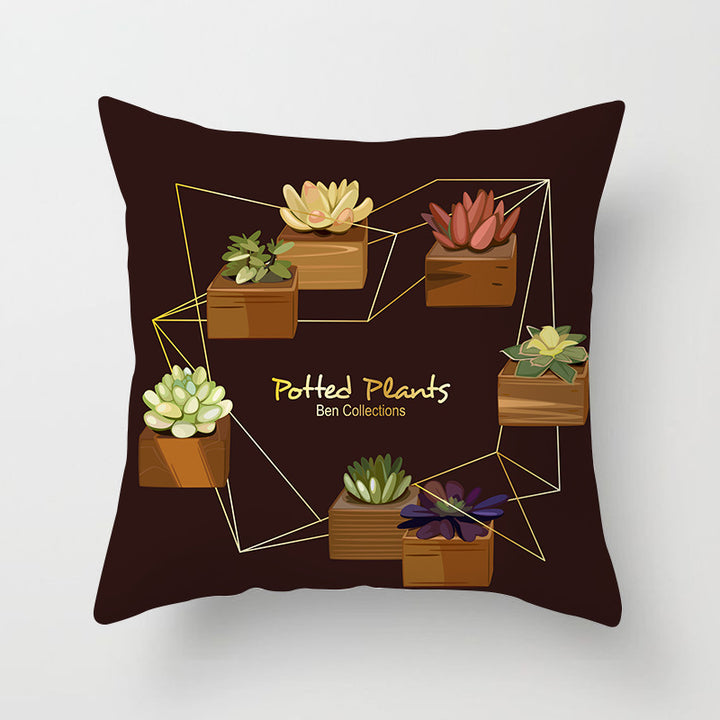 Decorative Square Throw Pillow Cover with Printed Potted Succulent Illustration and Hidden Zipper