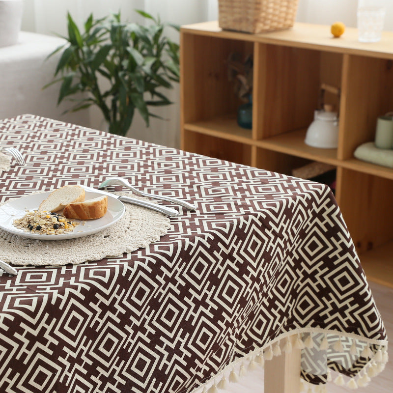 Woven cotton tablecloth in ethnic jacquard with tassel border Stornfield