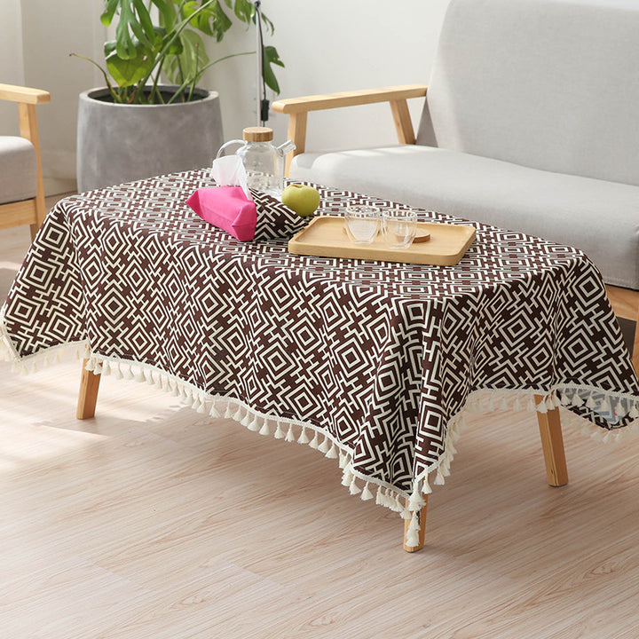Woven cotton tablecloth in ethnic jacquard with tassel border Stornfield