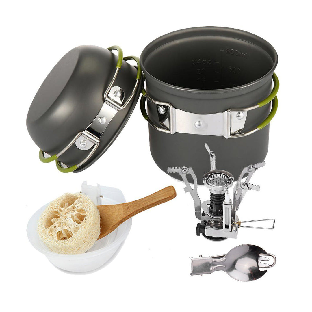 lightweight anodized aluminum backpacking cook set with nesting pots, foldable heat-resistant handles and compact folding gas stove Stornfield