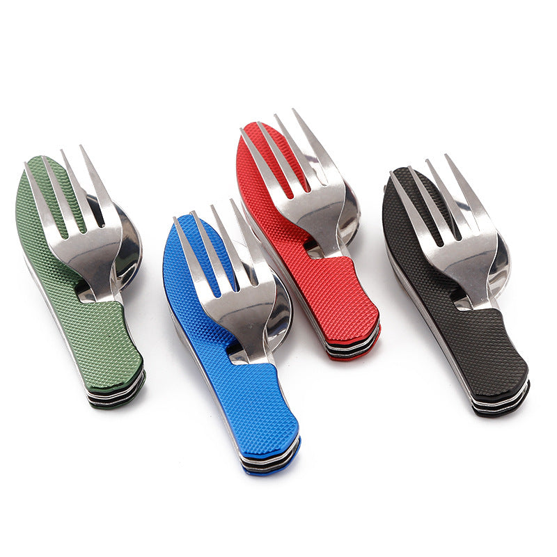 folding stainless steel camping cutlery set with textured grip locking hinge and compact travel clip Stornfield