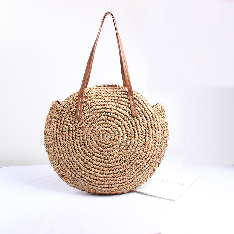 Handcrafted Round Basket Bag with Short Leather Handles Stornfield