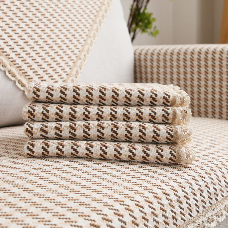 Crocheted sofa blanket set made of cotton mix with non-slip seat cushion and decorative corner cloths Stornfield