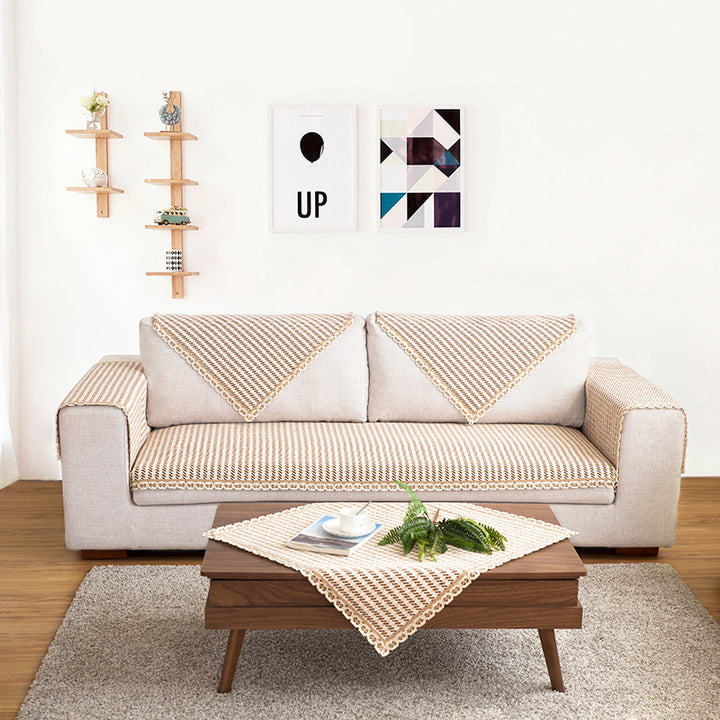 Crocheted sofa blanket set made of cotton mix with non-slip seat cushion and decorative corner cloths Stornfield