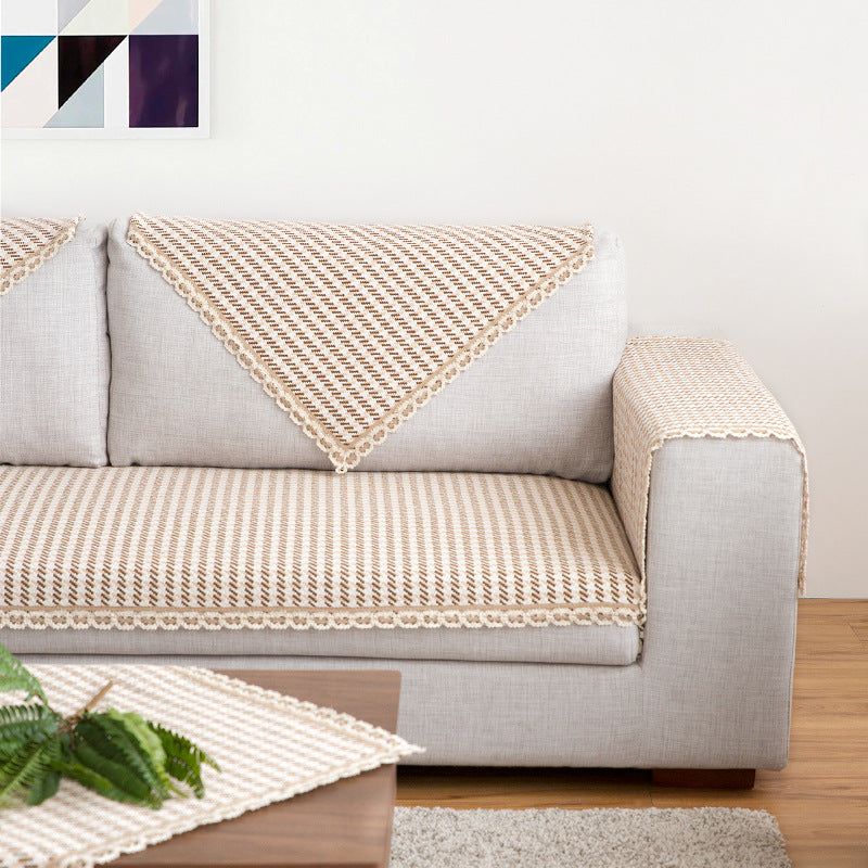 Crocheted sofa blanket set made of cotton mix with non-slip seat cushion and decorative corner cloths Stornfield