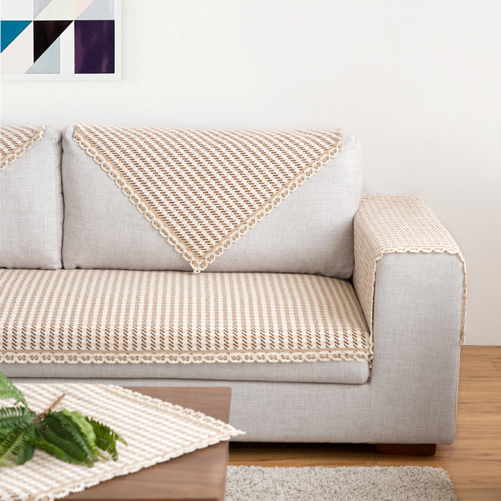 Crocheted sofa blanket set made of cotton mix with non-slip seat cushion and decorative corner cloths Stornfield