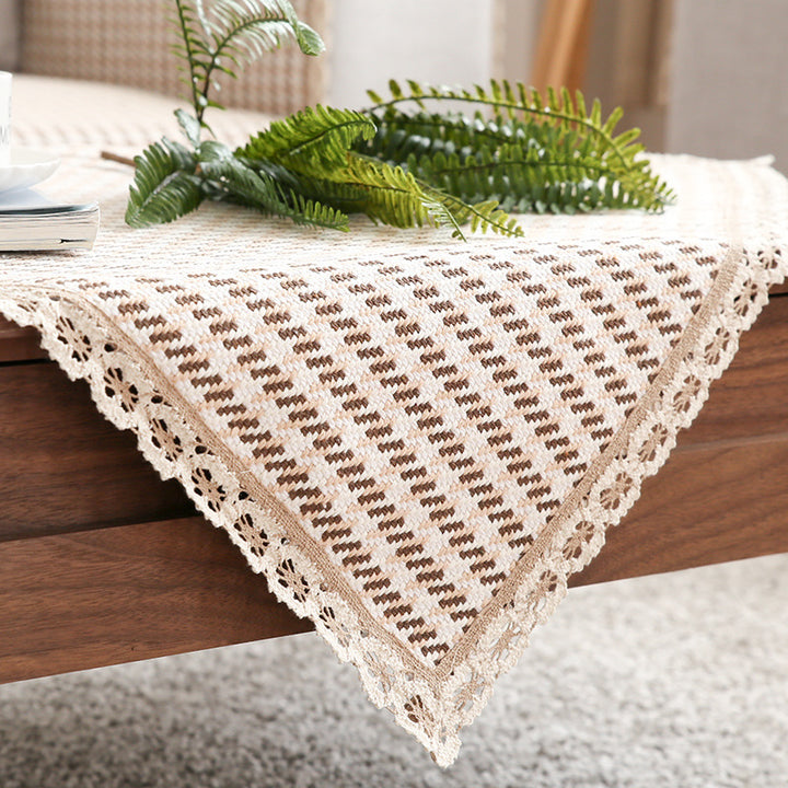 Crocheted sofa blanket set made of cotton mix with non-slip seat cushion and decorative corner cloths Stornfield