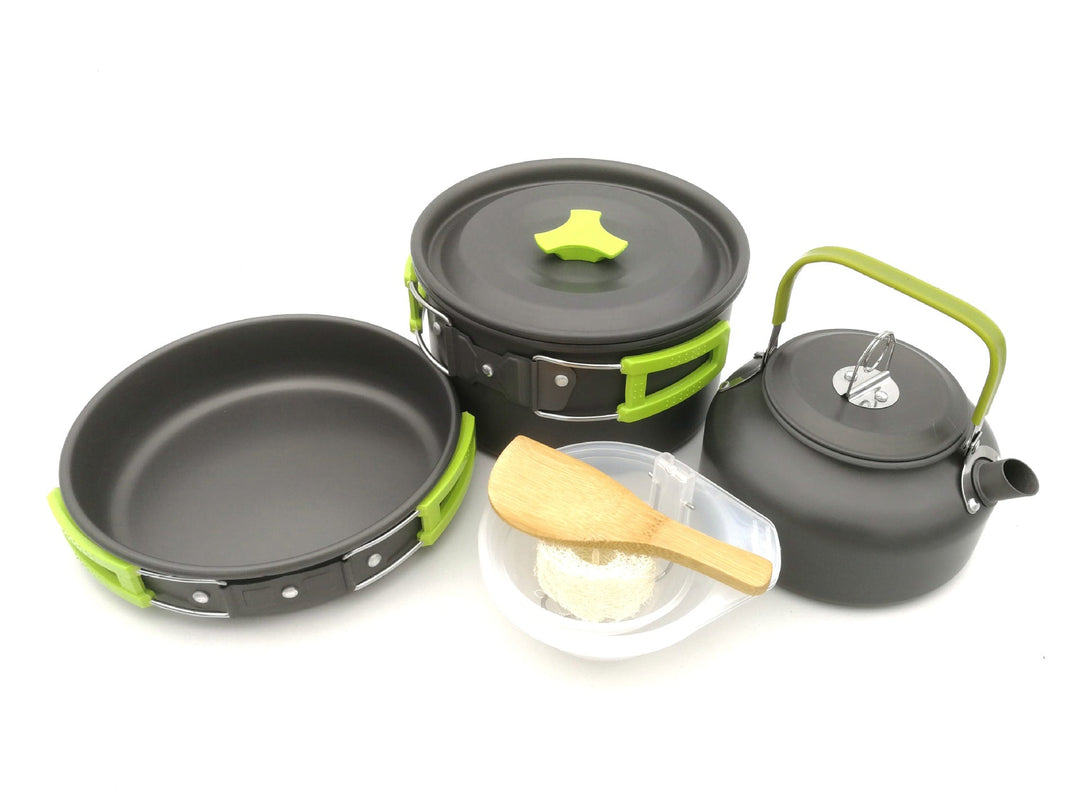 lightweight collapsible camping cookware kit with nonstick anodized pots pan kettle and folding handles Stornfield