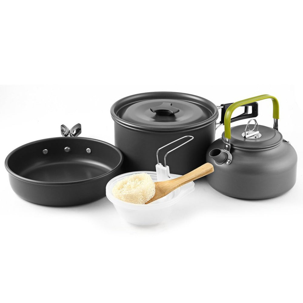 lightweight collapsible camping cookware kit with nonstick anodized pots pan kettle and folding handles Stornfield
