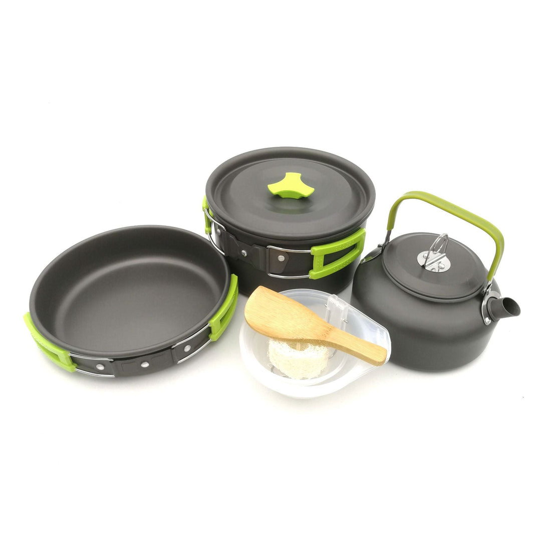 lightweight collapsible camping cookware kit with nonstick anodized pots pan kettle and folding handles Stornfield