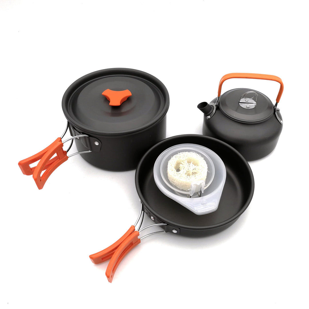 lightweight collapsible camping cookware kit with nonstick anodized pots pan kettle and folding handles Stornfield