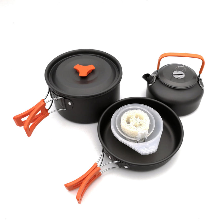 lightweight collapsible camping cookware kit with nonstick anodized pots pan kettle and folding handles Stornfield