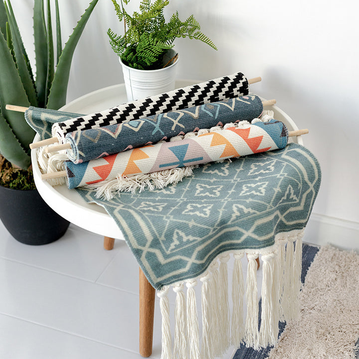 Boho-Ethno-Style tapestry set with fringes and wooden rod Stornfield