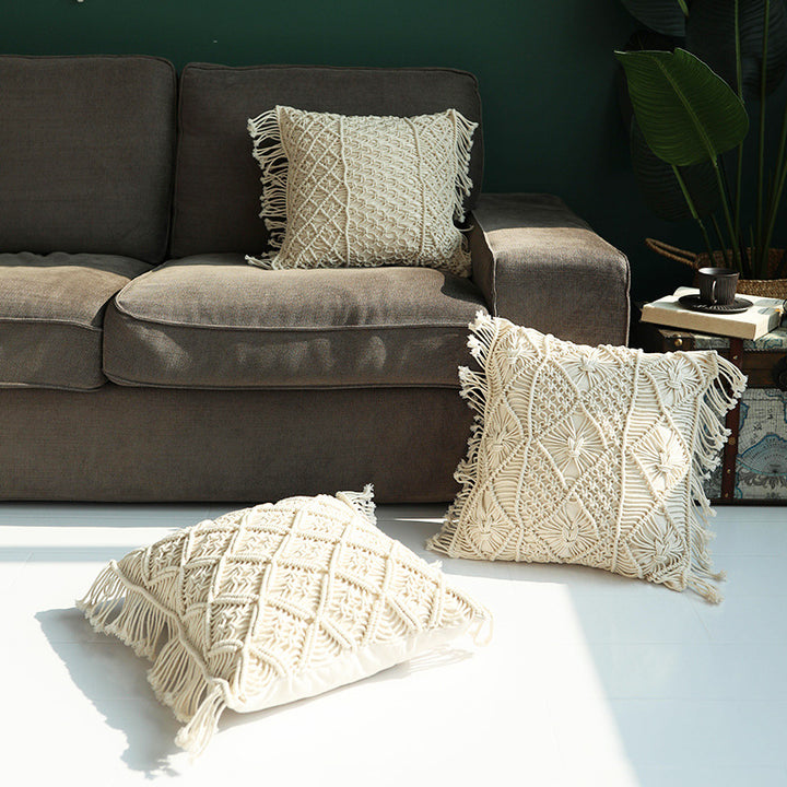 Boho macrame pillow cover with hand-knotted ornament relief and cotton texture Stornfield