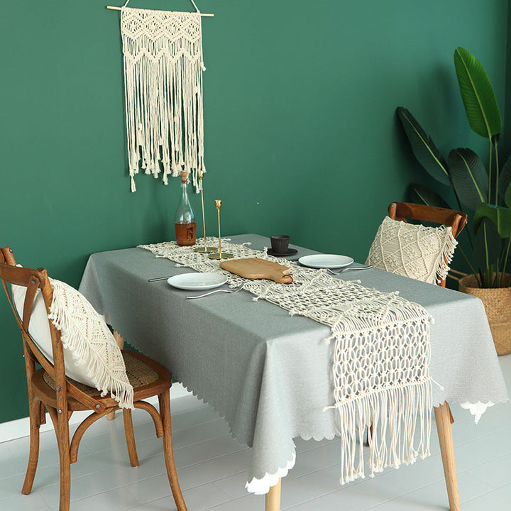 Hand-knotted macrame table runner with geometric knot relief