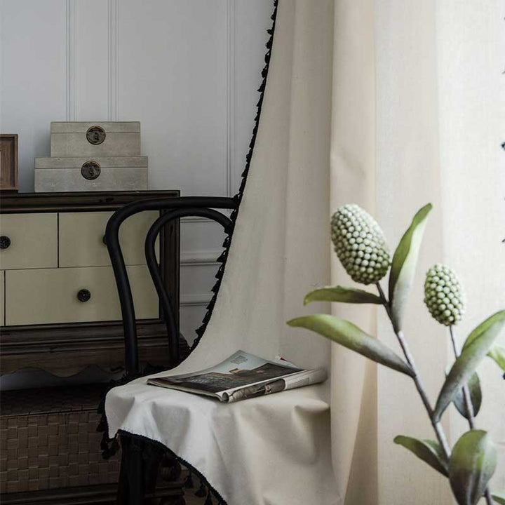 Cotton Linen Beige Curtain with Black Tassel | Stornfield