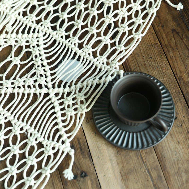 Hand-knotted macrame table runner with geometric knot relief