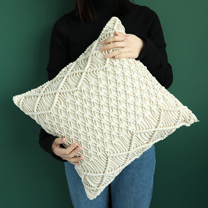 Boho macrame pillow cover with hand-knotted ornament relief and cotton texture Stornfield