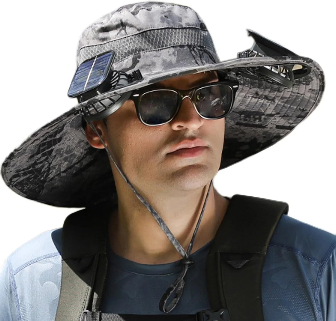 Solar Powered Fan Sun Hat | Wide Brim UV Shade + Instant Cooling Airflow | No Batteries Needed | Outdoor Work, Hiking & Fishing | Black/Camo | Stornfield