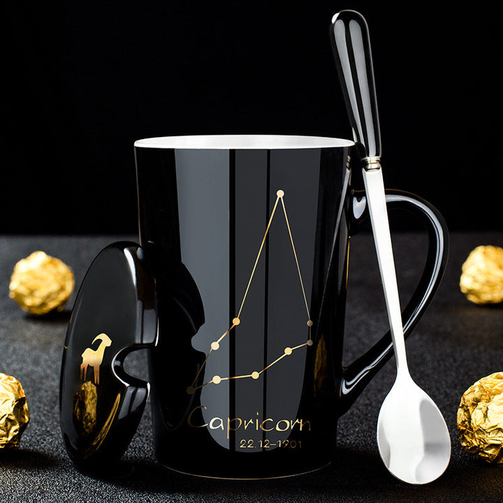 Stornfield | 12 Zodiac Signs Black Ceramic Mug with Lid and Spoon