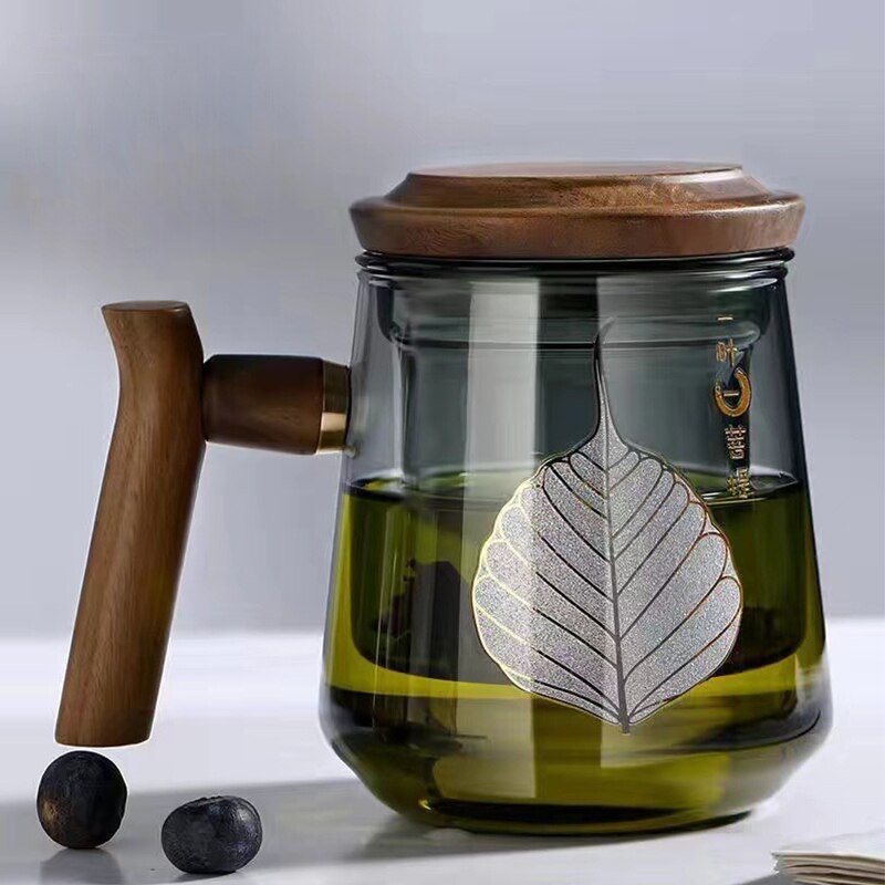 Premium Glass Tea Cup with Filter and Wooden Handle, 470ml | Stornfield