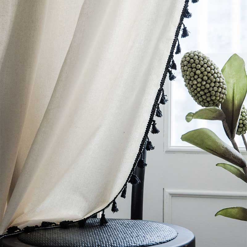Cotton Linen Beige Curtain with Black Tassel | Stornfield
