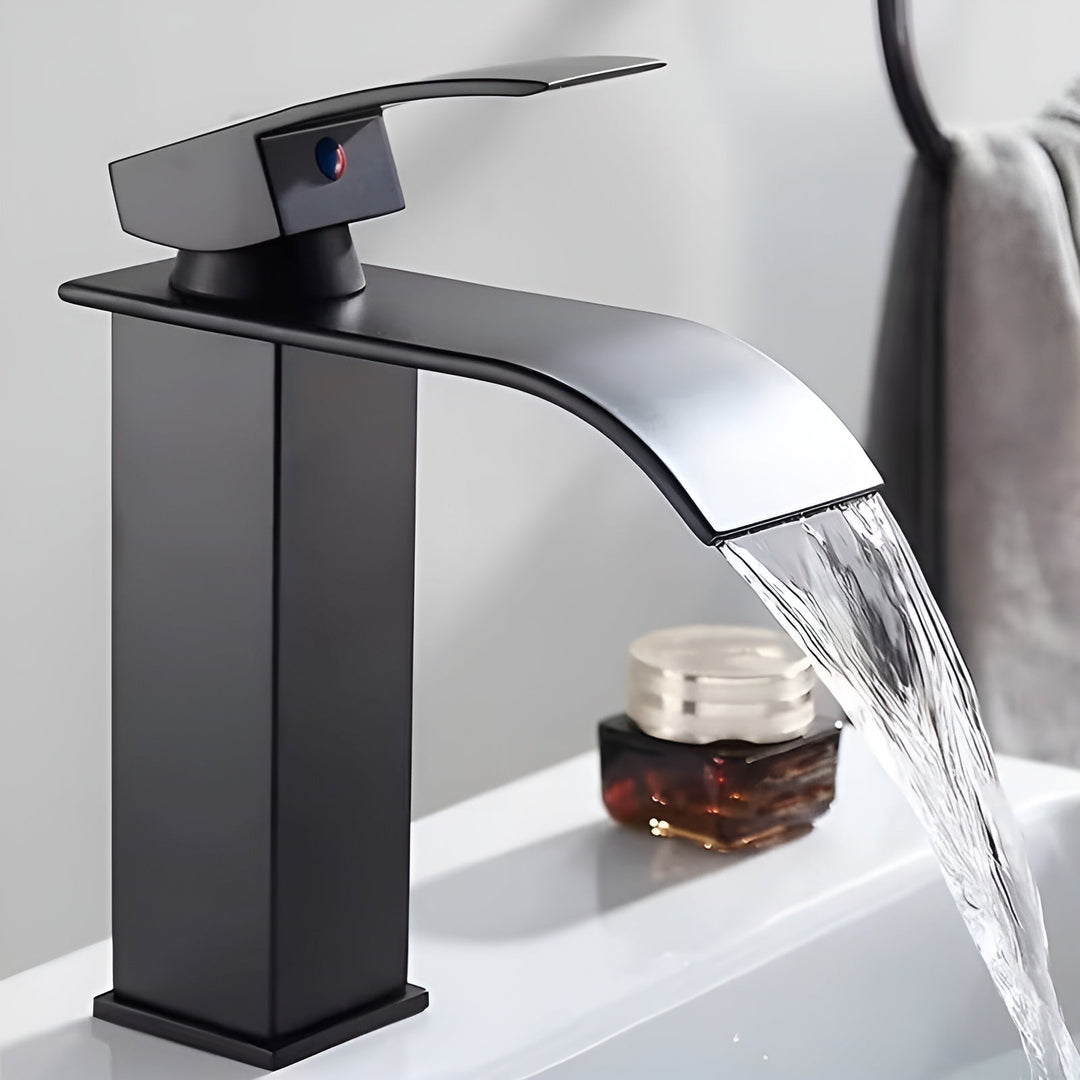 Sink faucet made of stainless steel – waterfall spout with hot and cold water | single hole mixer tap in Stornfieldack for bathroom | Stornfield