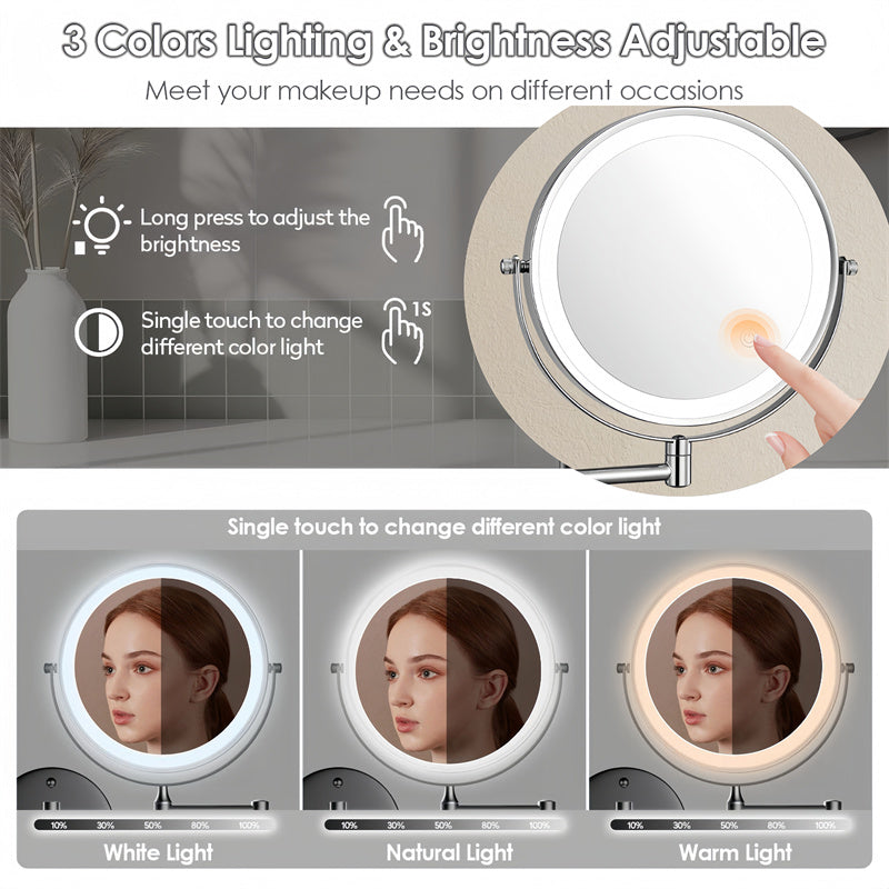 Stornfield | Rechargeable wall-mounted shaving mirror | 360° rotation. 1X/10X magnification and adjustable LED lighting for use in the bathroom