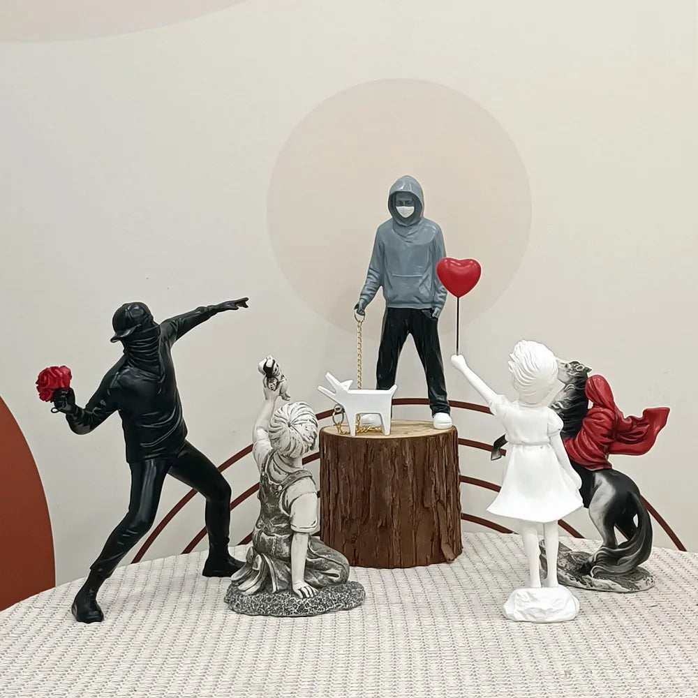 Stornfield | Artify Banksy Sculpture Collection | Flower Thrower & Balloon Girl | Pop Art Figures | Modern Office & Home Decoration