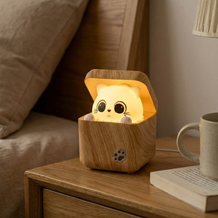Cute Peekaboo Cat Wooden Night Light Lamp | Stornfield