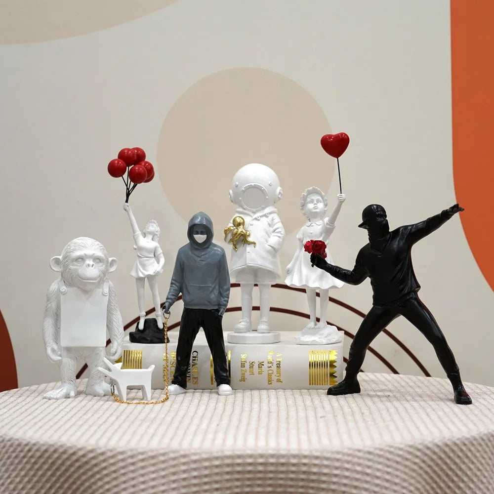 Stornfield | Artify Banksy Sculpture Collection | Flower Thrower & Balloon Girl | Pop Art Figures | Modern Office & Home Decoration