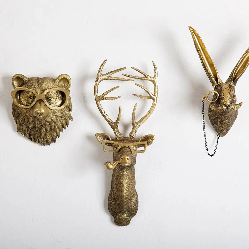 Stornfield | Antique Bronze Resin Animal Pendant Golden Deer Head Wall Storage Hooks Wall Accessories Decorative Figurines