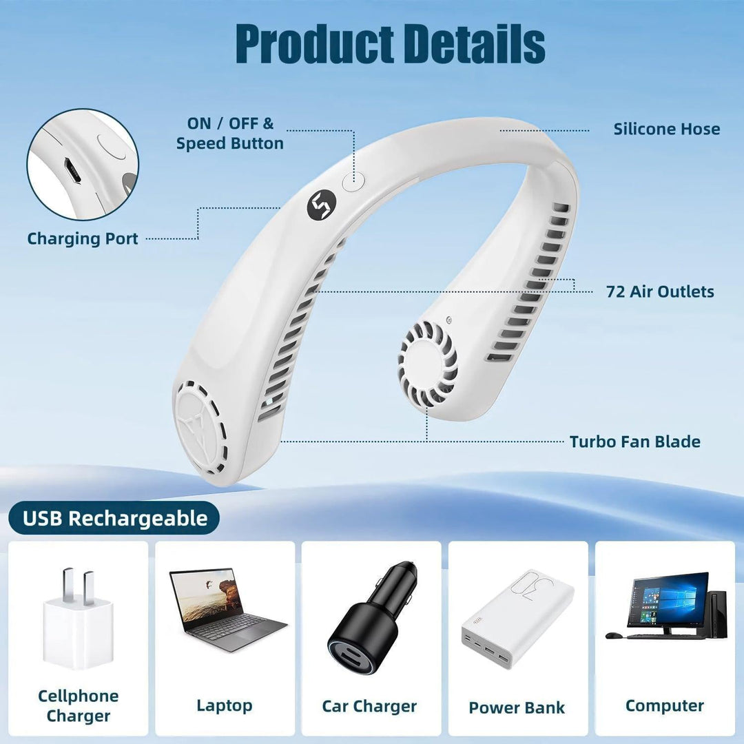 Portable Neck Fans - Portable 5 Speed Neck Fan USB Rechargeable Neckband Bladeless Cooler | Stornfield