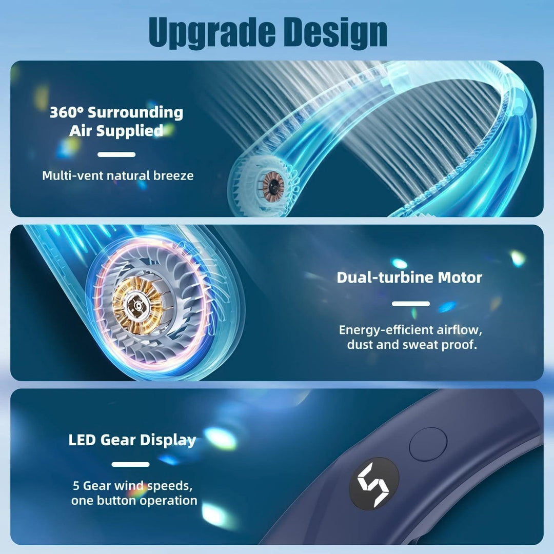 Portable Neck Fans - Portable 5 Speed Neck Fan USB Rechargeable Neckband Bladeless Cooler | Stornfield