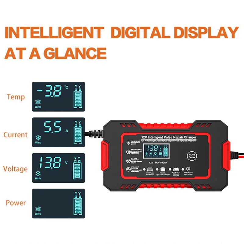 Stornfield | 12V 6A Smart Car Battery Charger | Pulse Repair, LCD Display & Fast Charging for AGM, Gel & Lead-Acid Batteries