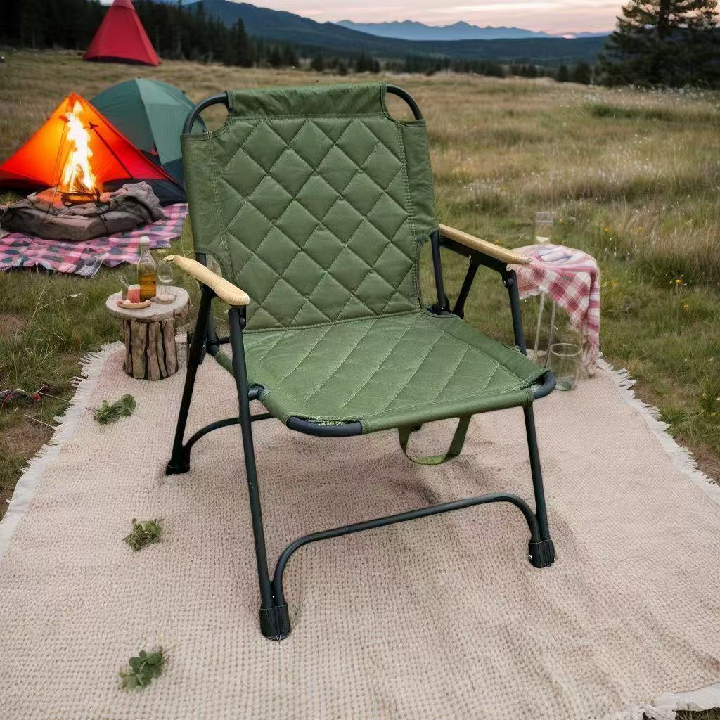 Modern Minimalist Rectangular Diamond-Pattern Carbon Steel Oxford Fabric Beech Wood Folding Camping Chair Backrest Armrest For Garden | Stornfield