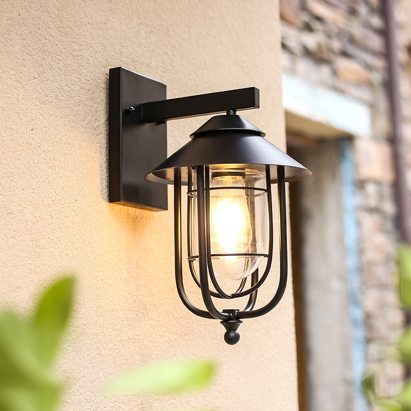 Contemporary Industrial Iron & Glass Caged Cylinder 1-Light Wall Sconce Lamp For Outdoor Patio | Stornfield