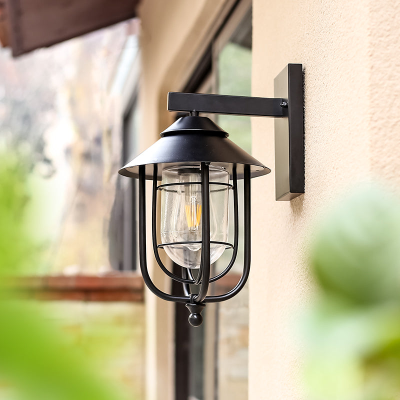 Contemporary Industrial Iron & Glass Caged Cylinder 1-Light Wall Sconce Lamp For Outdoor Patio | Stornfield