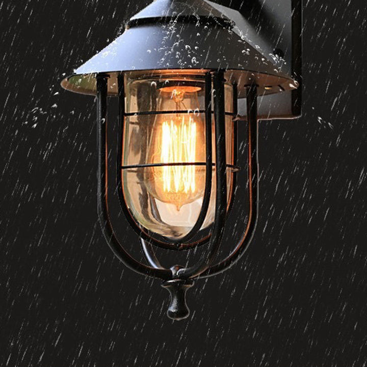 Contemporary Industrial Iron & Glass Caged Cylinder 1-Light Wall Sconce Lamp For Outdoor Patio | Stornfield