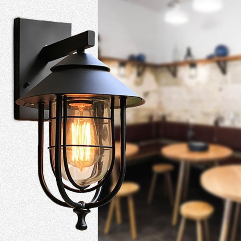 Contemporary Industrial Iron & Glass Caged Cylinder 1-Light Wall Sconce Lamp For Outdoor Patio | Stornfield
