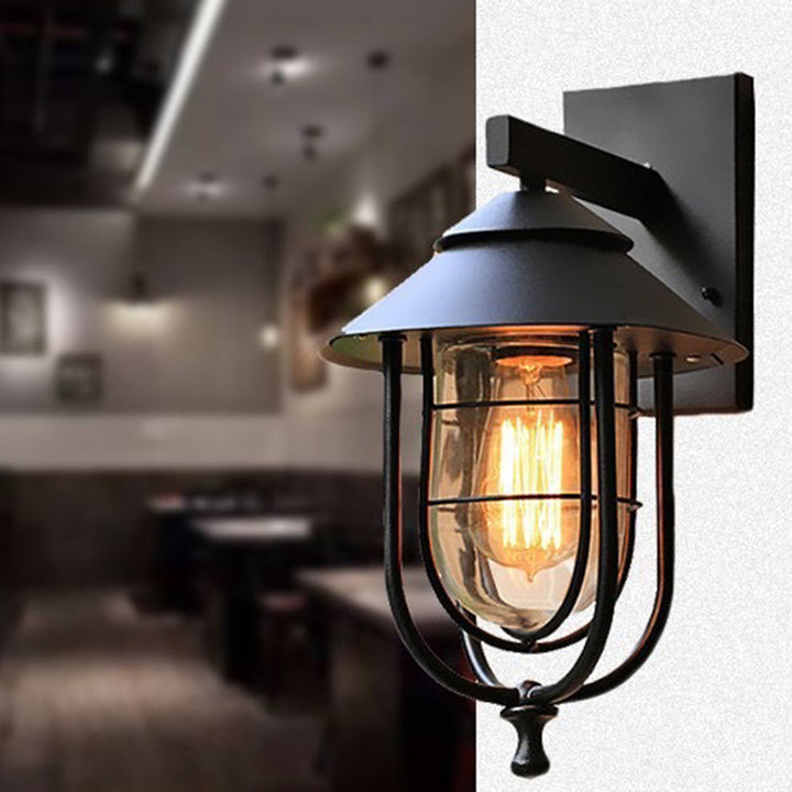 Contemporary Industrial Iron & Glass Caged Cylinder 1-Light Wall Sconce Lamp For Outdoor Patio | Stornfield