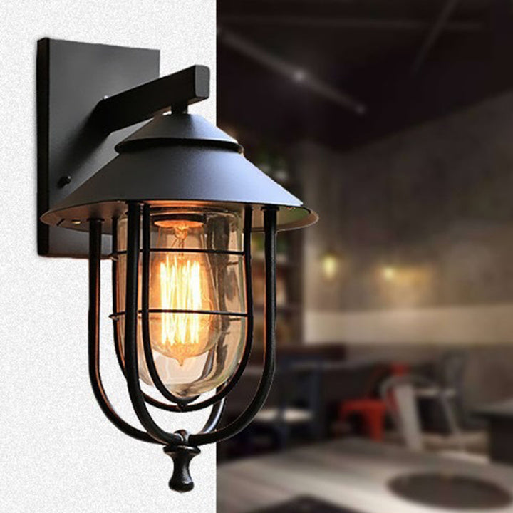 Contemporary Industrial Iron & Glass Caged Cylinder 1-Light Wall Sconce Lamp For Outdoor Patio | Stornfield