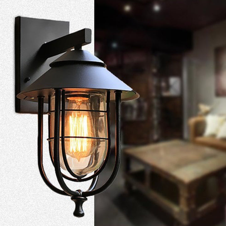 Contemporary Industrial Iron & Glass Caged Cylinder 1-Light Wall Sconce Lamp For Outdoor Patio | Stornfield