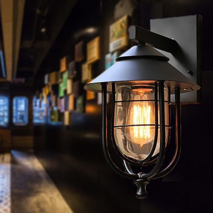 Contemporary Industrial Iron & Glass Caged Cylinder 1-Light Wall Sconce Lamp For Outdoor Patio | Stornfield