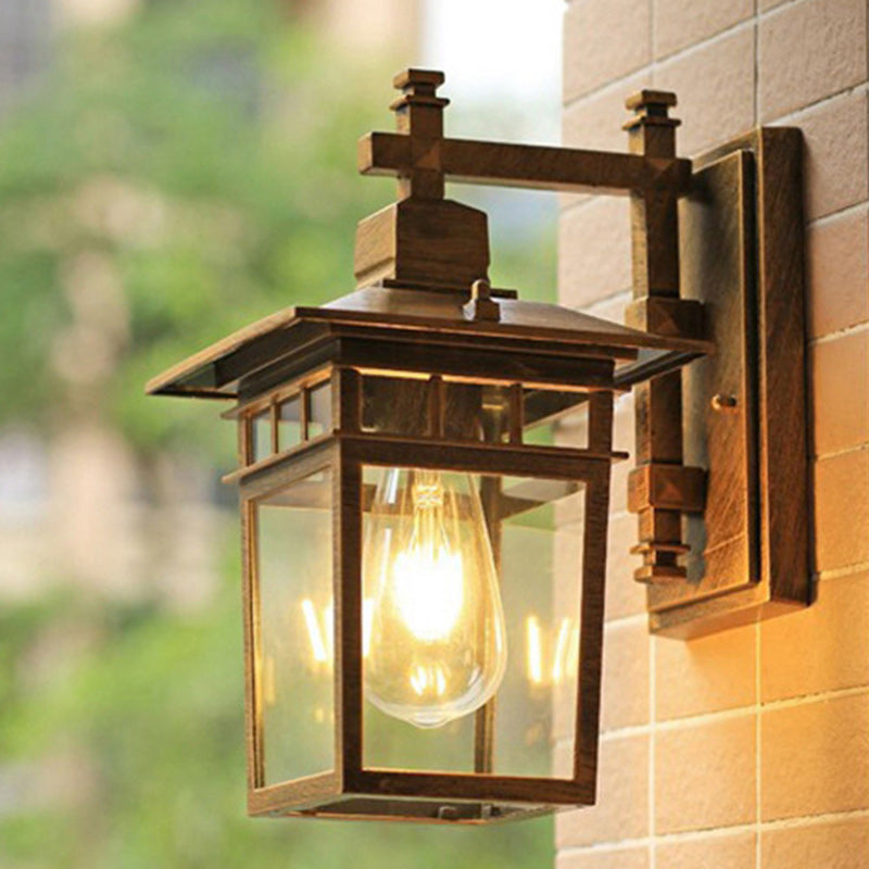 Traditional Rustic Cast Aluminum, Iron & Glass Rectangular 1-Light Wall Sconce Lamp For Outdoor Garden & Patio | Stornfield