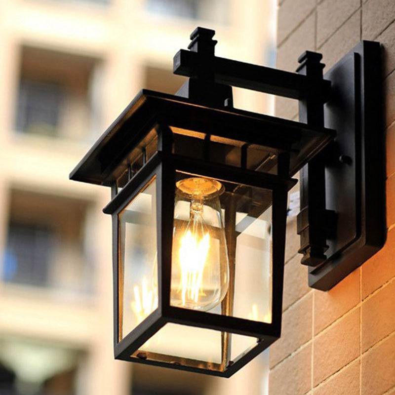 Traditional Rustic Cast Aluminum, Iron & Glass Rectangular 1-Light Wall Sconce Lamp For Outdoor Garden & Patio | Stornfield