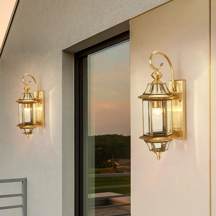 Traditional European Brass Glass Polygonal 1-Light Waterproof Wall Sconce Lamp For Bedroom Patio And Garden | Stornfield