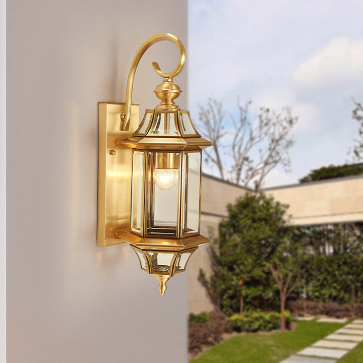 Traditional European Brass Glass Polygonal 1-Light Waterproof Wall Sconce Lamp For Bedroom Patio And Garden | Stornfield